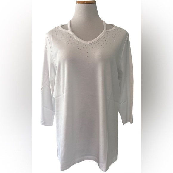 *Quacker Factory Set of 2 Cutout T-shirts V-Neck Rhinestones LARGE ~ A311440 - Picture 2 of 12